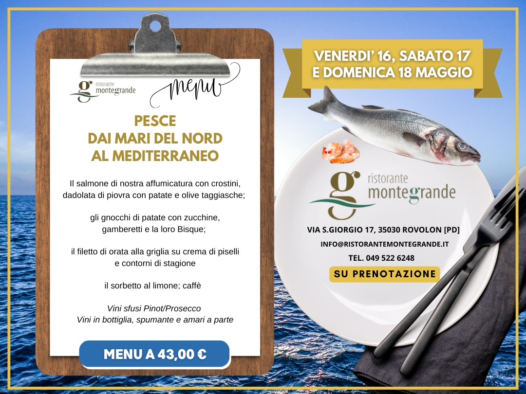 Menù a base di pesce: salmone affumicato, piovra, filetto di orata. Colli Euganei