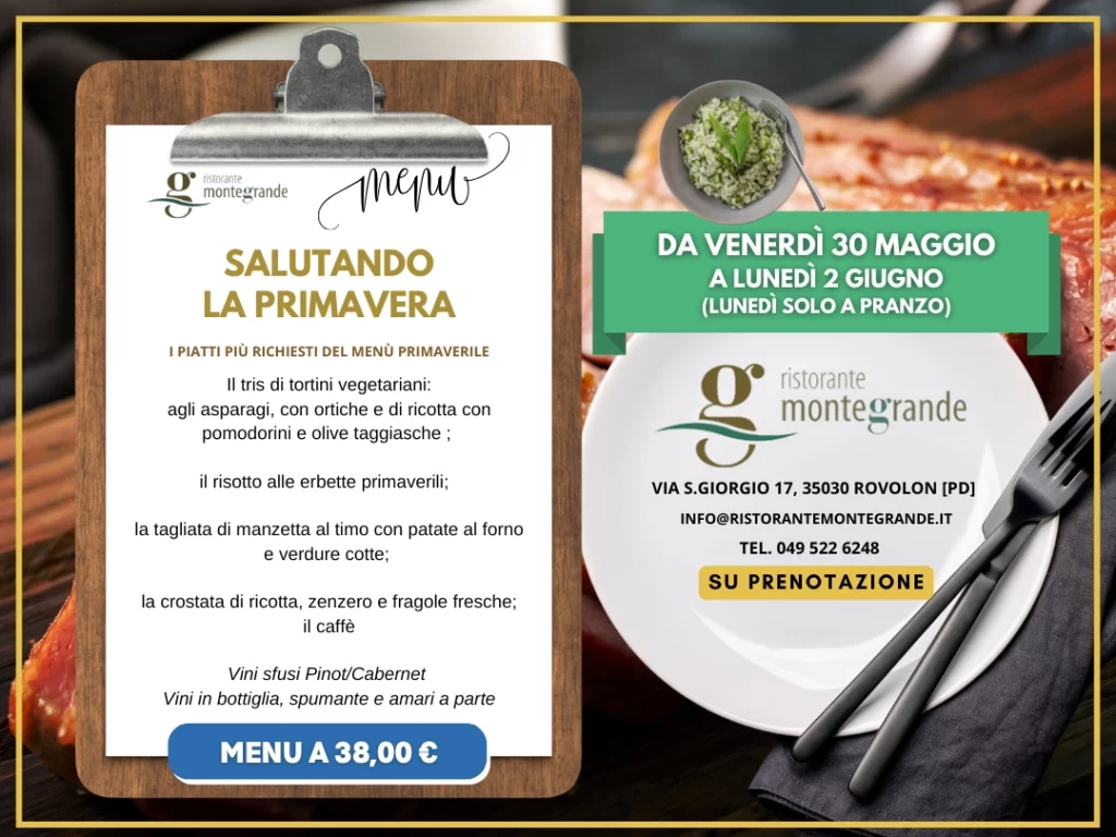 Immagine in evidenza con testo e prezzo per rappresentare il menu di primavera, Immagine di fiori colorati che sbocciano, simboleggiando l'arrivo della primavera e la rinascita della natura.