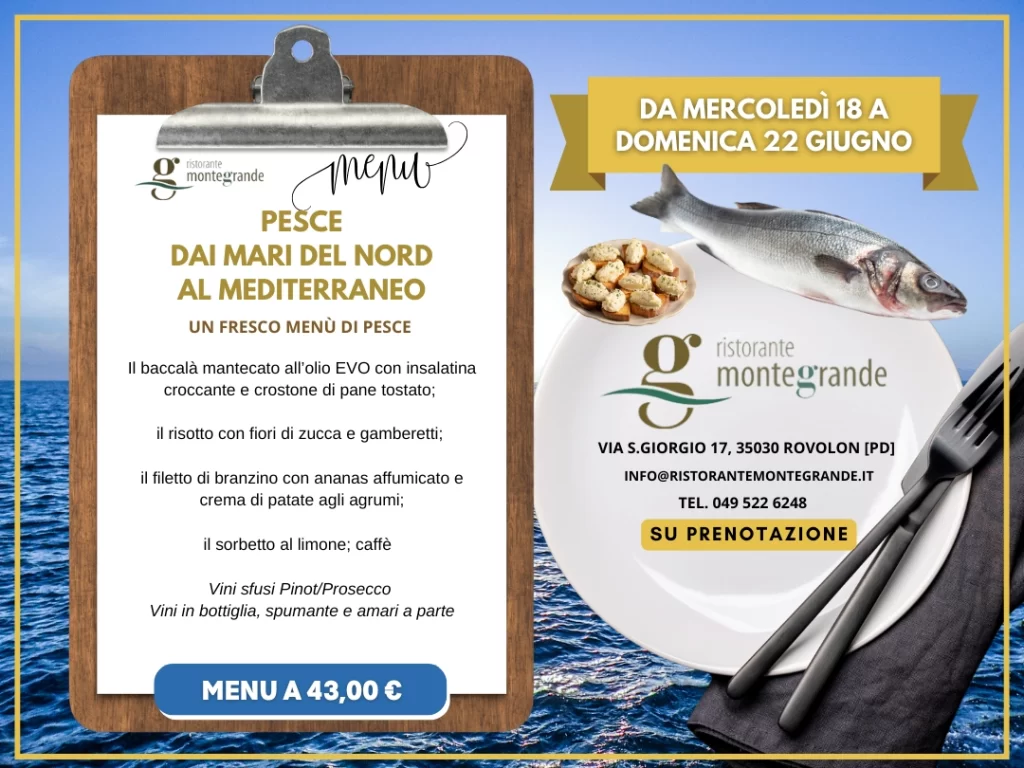 Grafica con testo e prezzo per menu a base di pesce ristorante montegrande