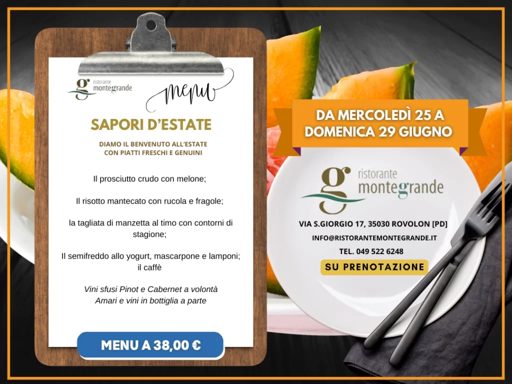 Grafica di presentazione con testo e prezzo per il menù a base di piatti estivi