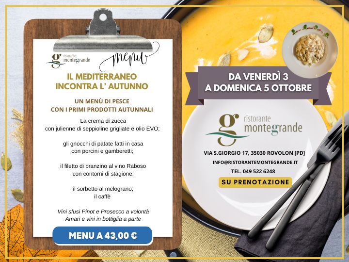 La crema di zucca con julienne di seppioline grigliate e olio EVO; gli gnocchi di patate fatti in casa con porcini e gamberetti; il filetto di branzino al vino Raboso con contorni di stagione; il sorbetto al melograno; il caffè Vini sfusi Pinot e Prosecco a volontà Amari e vini in bottiglia a parte