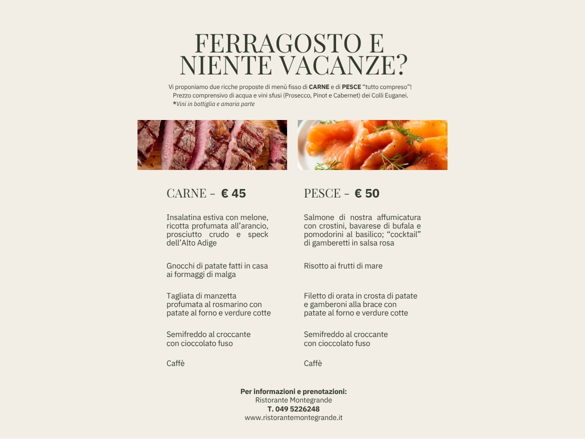 menu di ferragosto ristorante montegrande, due proposte, una di carne e una di pece