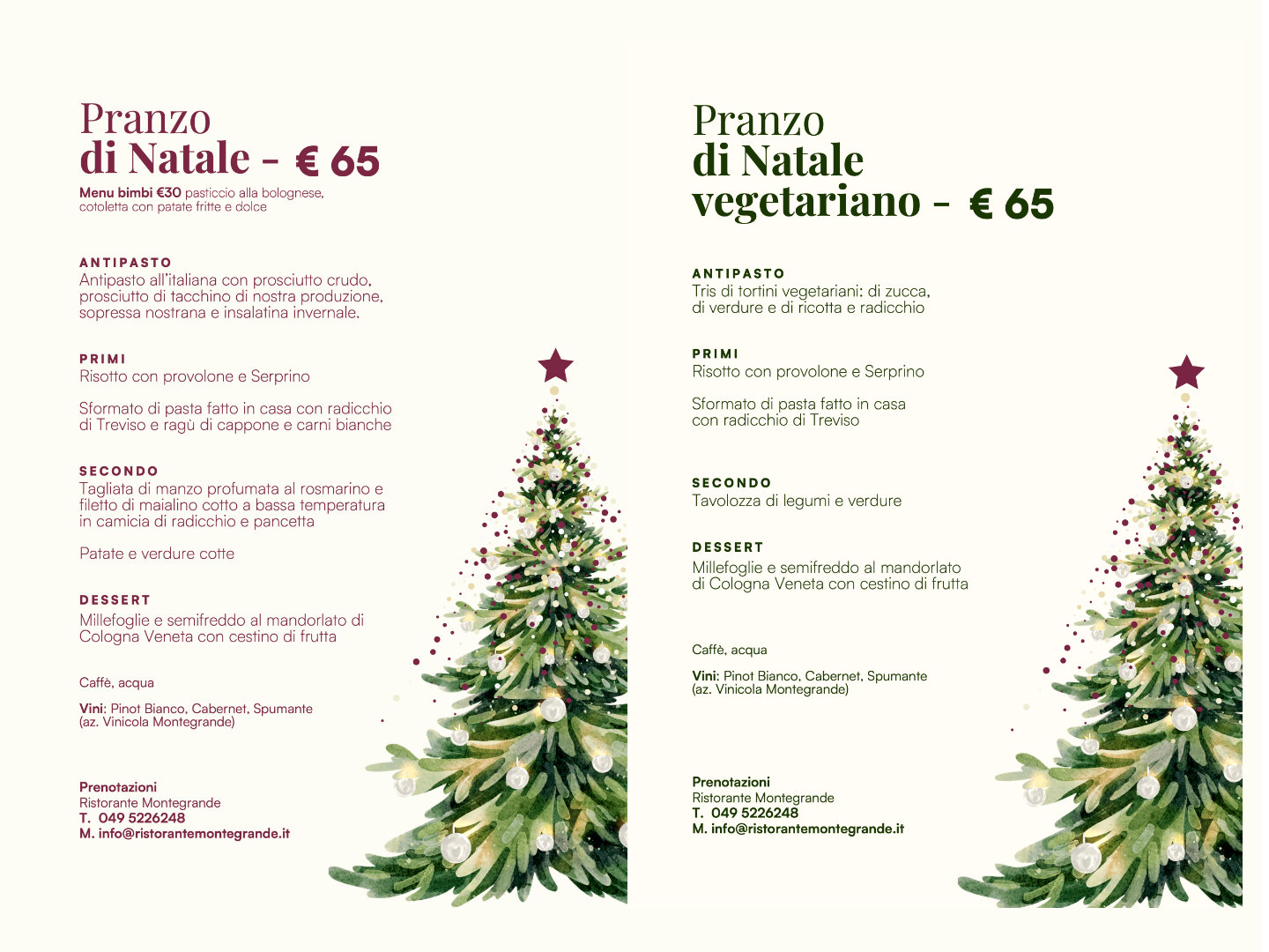 menu di Natale, classico o vegetariano e menù bimbi
